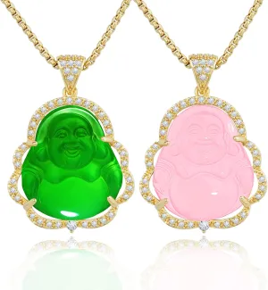Buddha Necklace Jade Laughing Buddha Pendant with 14K Gold Plated Chain Cubic Zirconia Buddah Necklaces for Women Men