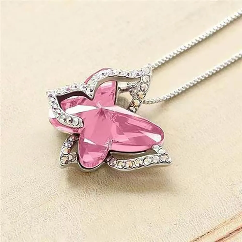 Butterfly Crystal Pendant Necklace, Butterfly Birthstone Necklaces Mother's Day Anniversary Birthday for Women Girls