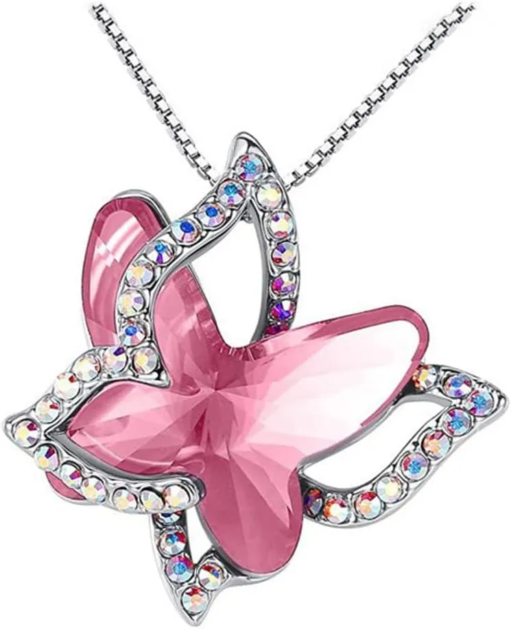 Butterfly Crystal Pendant Necklace, Butterfly Birthstone Necklaces Mother's Day Anniversary Birthday for Women Girls