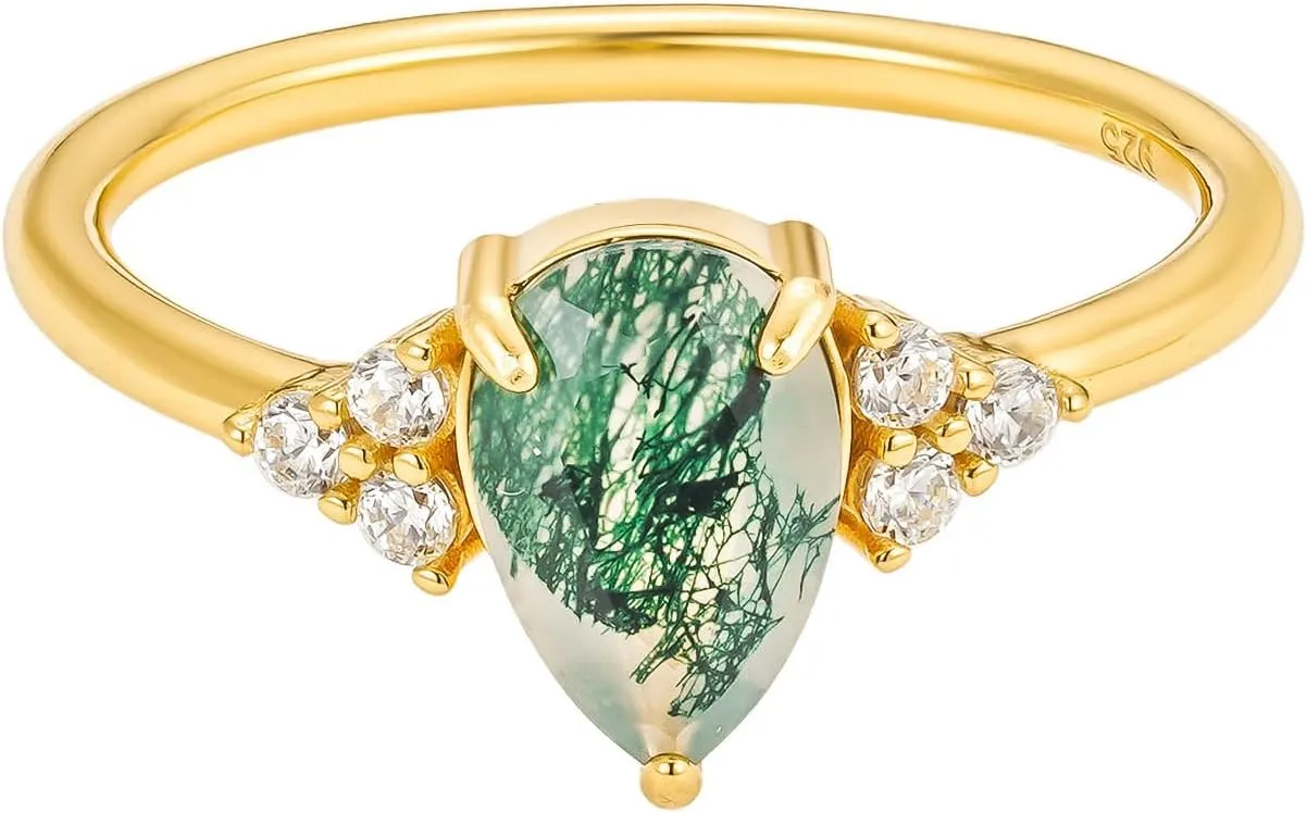 CAITLYNMINIMALIST Gemstone Ring 18K Gold Jade Agate Stackable Ring Dainty Statement Earthy Bohemian Lush Green Diamond Cubic Zirconia for Women Gift for Her