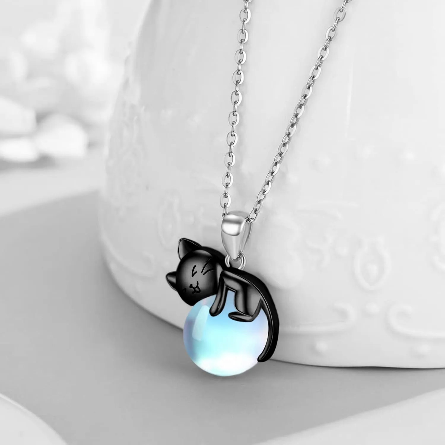 Cat Necklace Sterling Silver Cat Pendnat with Rose Quartz Pearl Jewelry Gifts for Women Cat Lovers