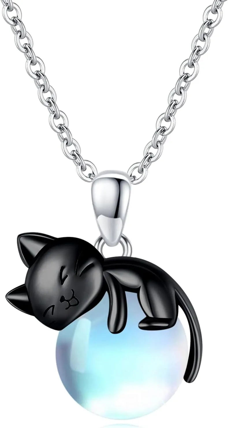 Cat Necklace Sterling Silver Cat Pendnat with Rose Quartz Pearl Jewelry Gifts for Women Cat Lovers