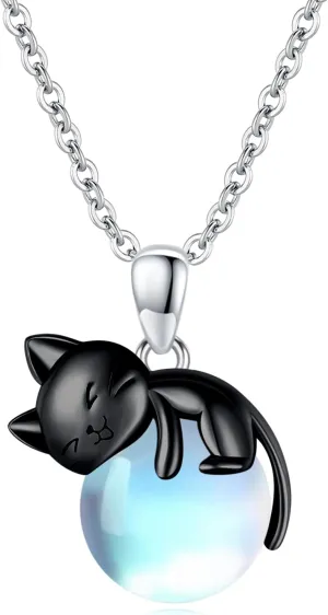 Cat Necklace Sterling Silver Cat Pendnat with Rose Quartz Pearl Jewelry Gifts for Women Cat Lovers