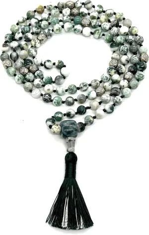 Certified Energized Mala Beads Necklace with COA - Chakra Mala - Japa Mala - 8mm 108 Buddhist Prayer Beads - Meditation Mala - Tassel Necklace  Zodiac/Sun Sign stones (Green Tree Agate)