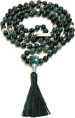 Certified Energized Mala Beads Necklace with COA - Chakra Mala - Japa Mala - 8mm 108 Buddhist Prayer Beads - Meditation Mala - Tassel Necklace  Zodiac/Sun Sign stones (Moss Agate)