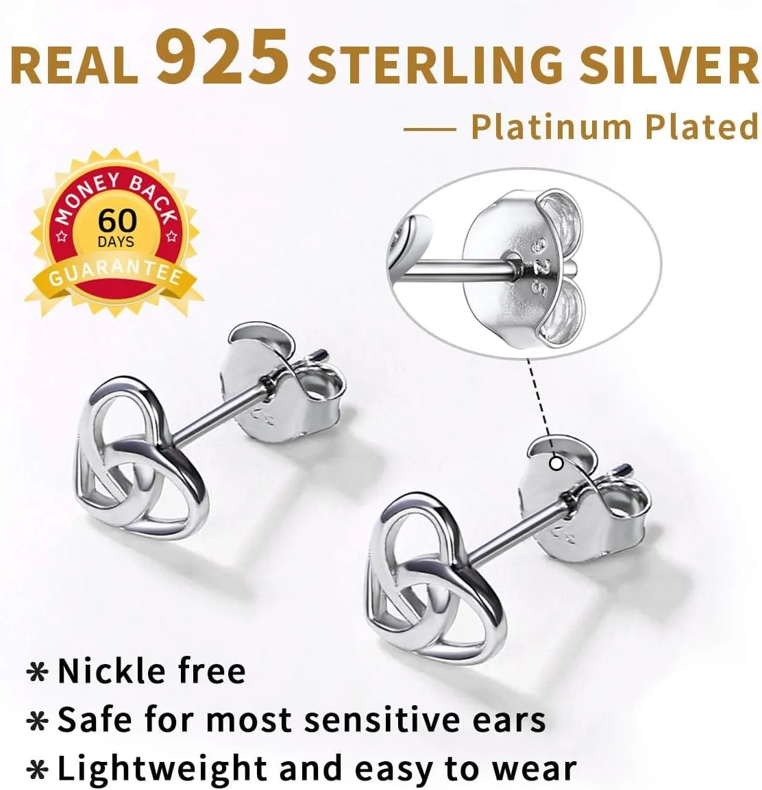ChicSilver Celtic Knot Stud Earrings Hypoallergenic 925 Sterling Silver Heart/Triangle Knot Earring Studs Celtic Jewelry for Women, Silver/Gold/Rose Gold