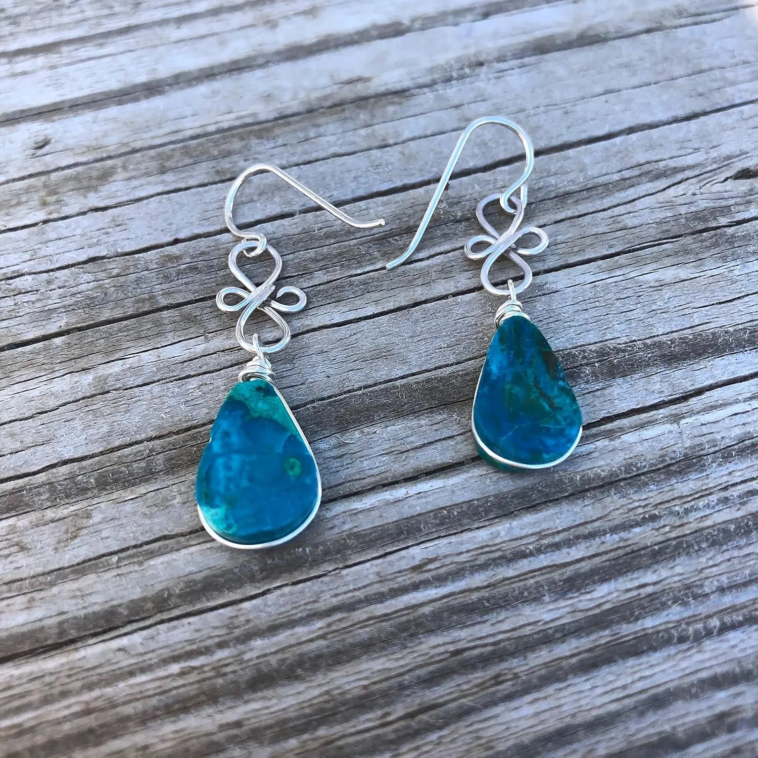 Chrysocolla Dangle Earrings for Women in Sterling Silver 925  Handmade Teardrop Gemstone Drop Earrings  Lightweight Wire Wrapped Blue Green Healing Stone Jewelry  Gift for Women Teen Girls
