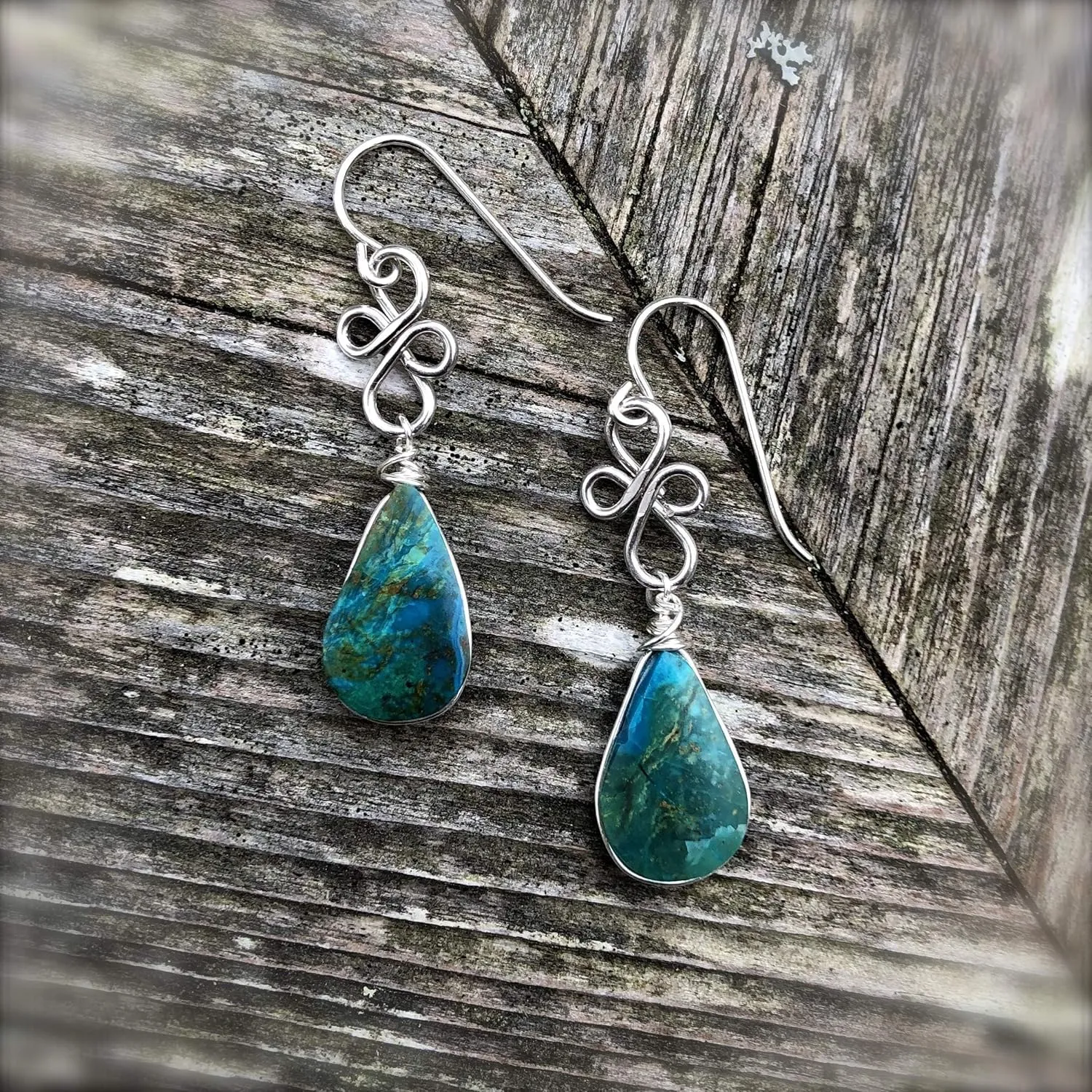 Chrysocolla Dangle Earrings for Women in Sterling Silver 925  Handmade Teardrop Gemstone Drop Earrings  Lightweight Wire Wrapped Blue Green Healing Stone Jewelry  Gift for Women Teen Girls