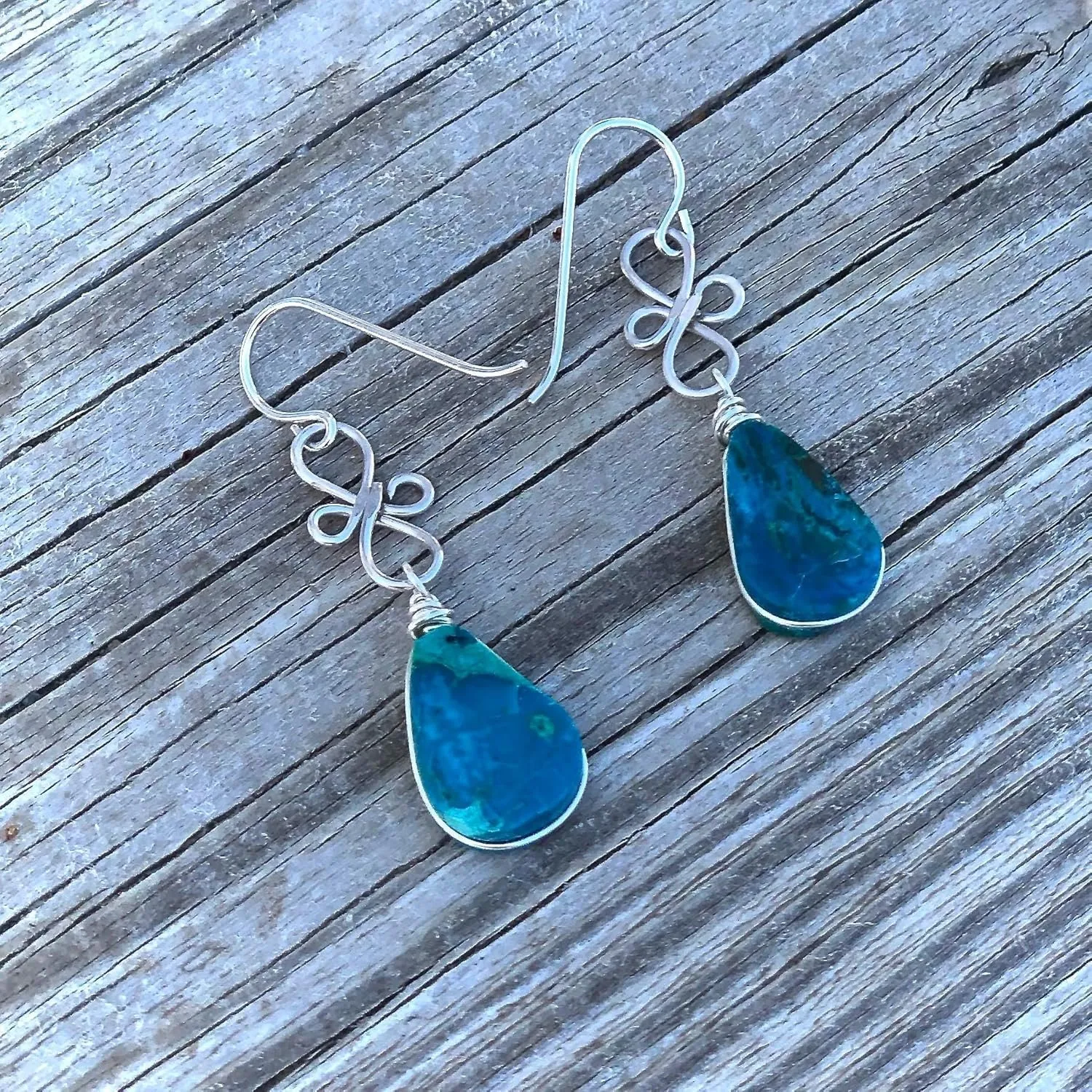 Chrysocolla Dangle Earrings for Women in Sterling Silver 925  Handmade Teardrop Gemstone Drop Earrings  Lightweight Wire Wrapped Blue Green Healing Stone Jewelry  Gift for Women Teen Girls