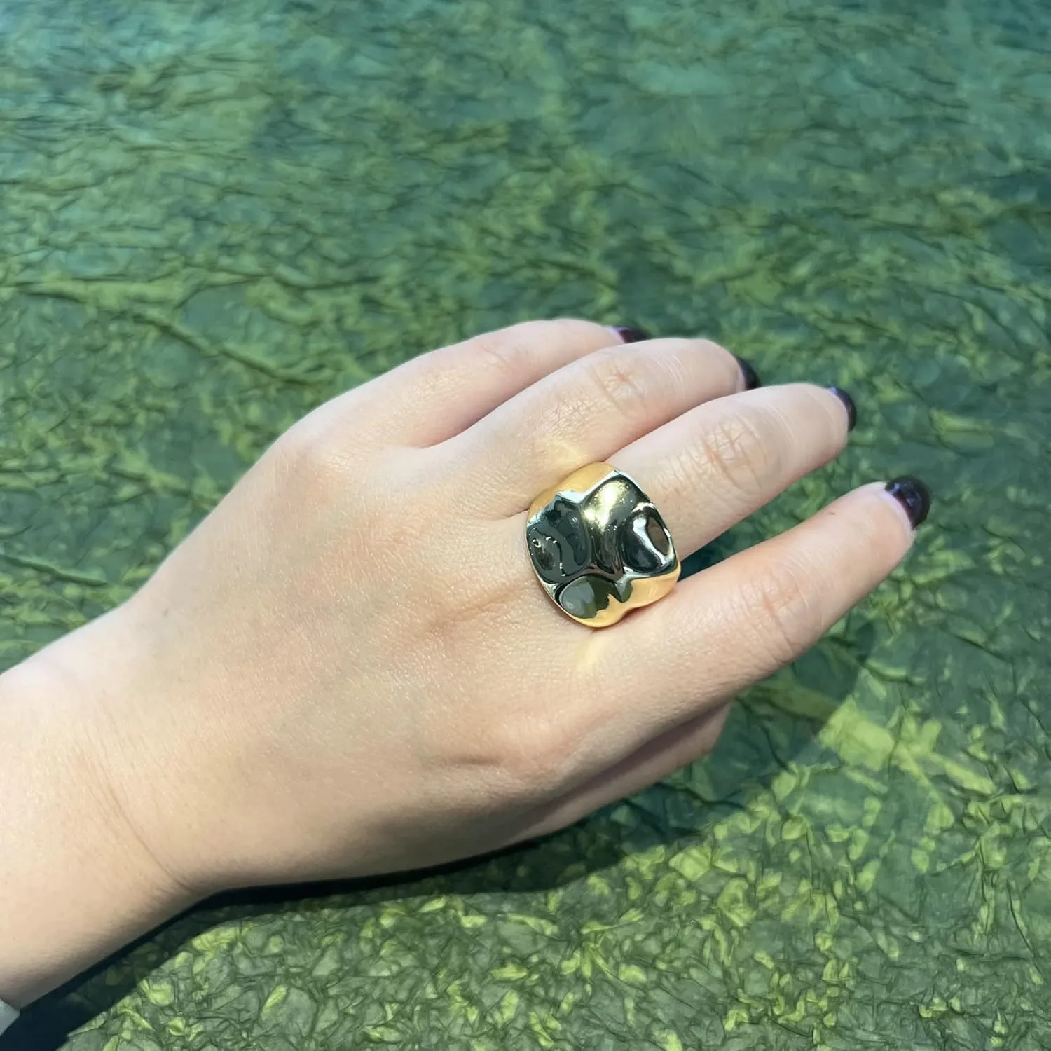 Chunky Dome Statement Ring - 18K Gold Plated Wide Band Ring with Hammered Design, Modern Sculptural Fashion Jewelry for Women Size 7-10