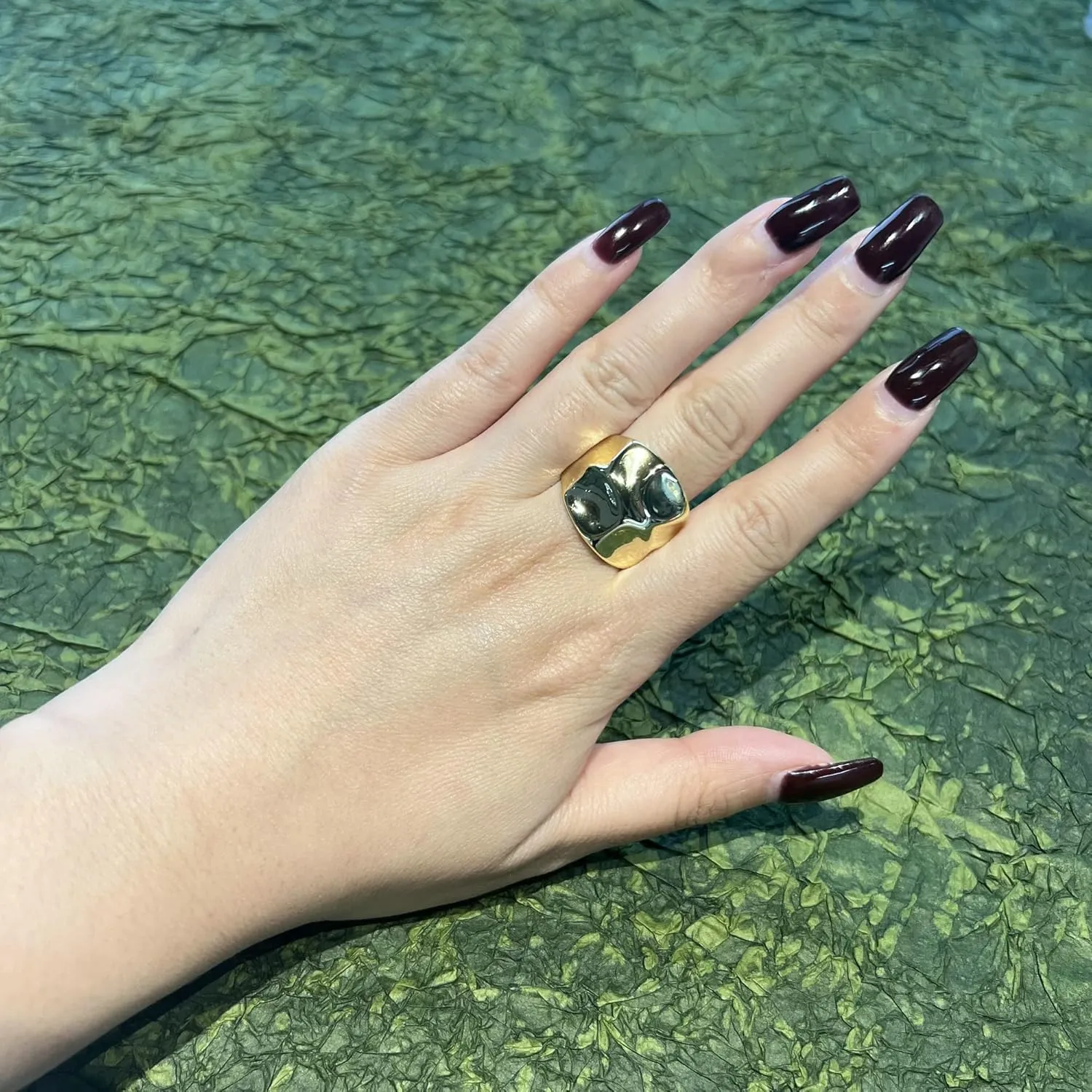 Chunky Dome Statement Ring - 18K Gold Plated Wide Band Ring with Hammered Design, Modern Sculptural Fashion Jewelry for Women Size 7-10