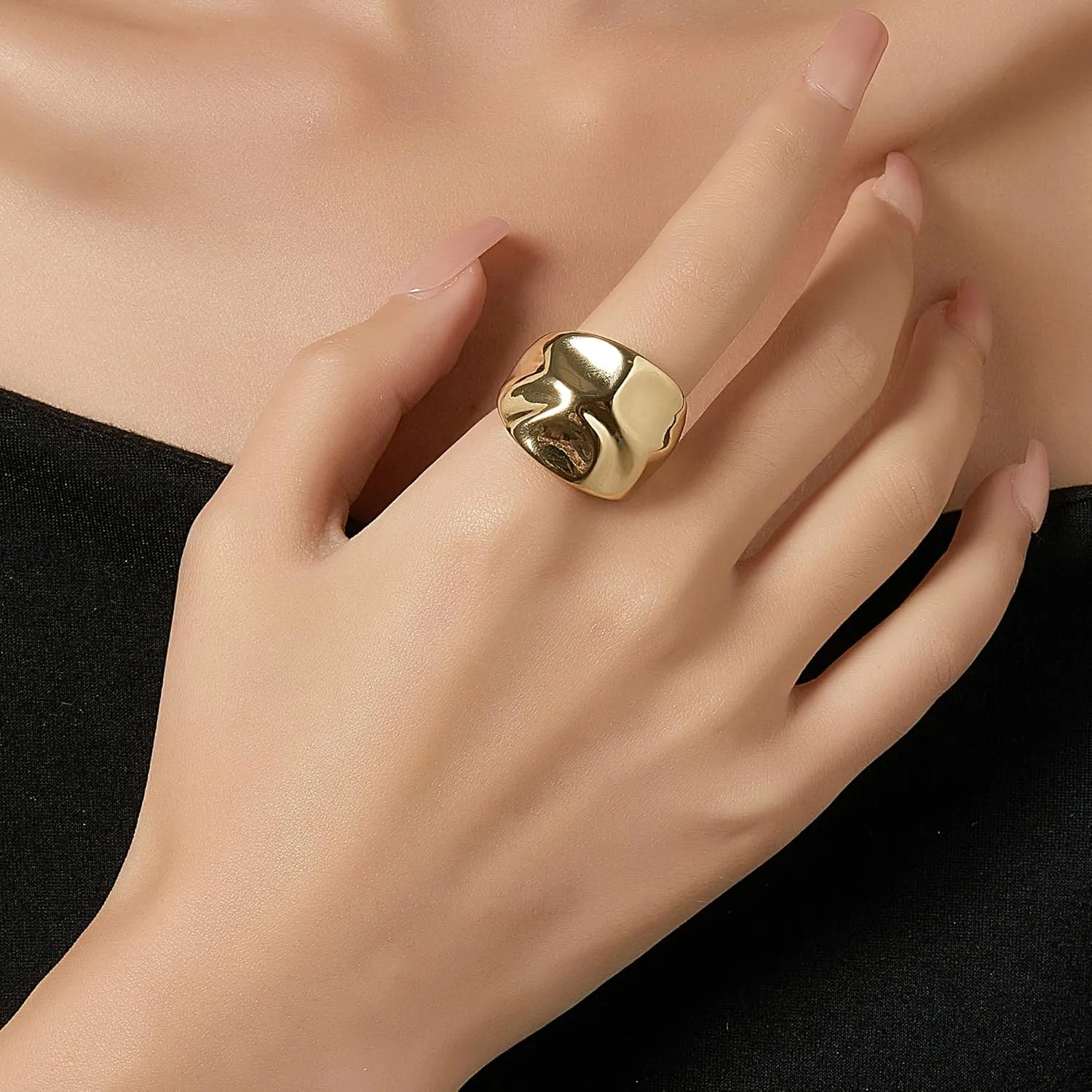 Chunky Dome Statement Ring - 18K Gold Plated Wide Band Ring with Hammered Design, Modern Sculptural Fashion Jewelry for Women Size 7-10