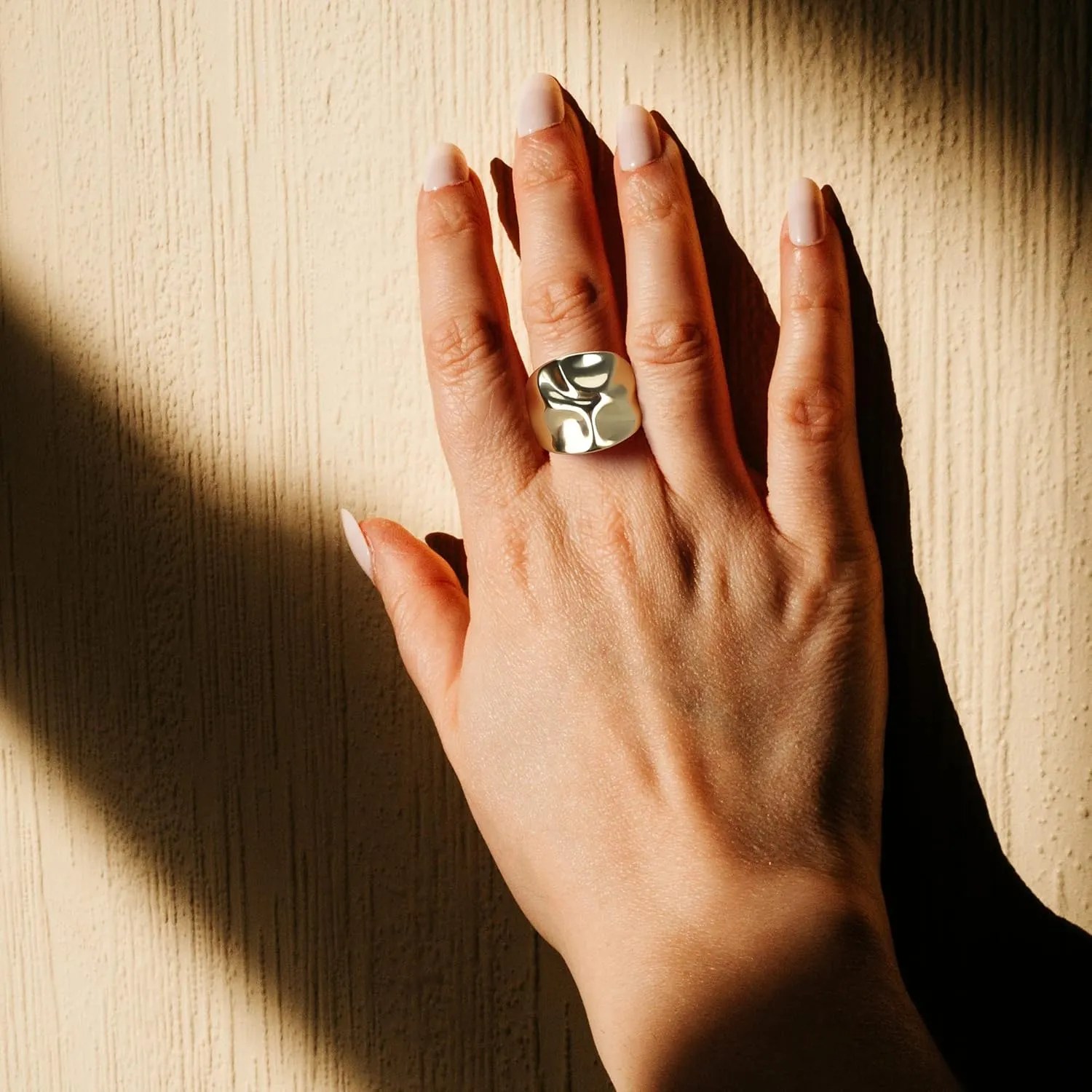 Chunky Dome Statement Ring - 18K Gold Plated Wide Band Ring with Hammered Design, Modern Sculptural Fashion Jewelry for Women Size 7-10