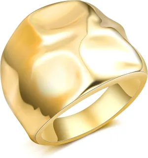 Chunky Dome Statement Ring - 18K Gold Plated Wide Band Ring with Hammered Design, Modern Sculptural Fashion Jewelry for Women Size 7-10