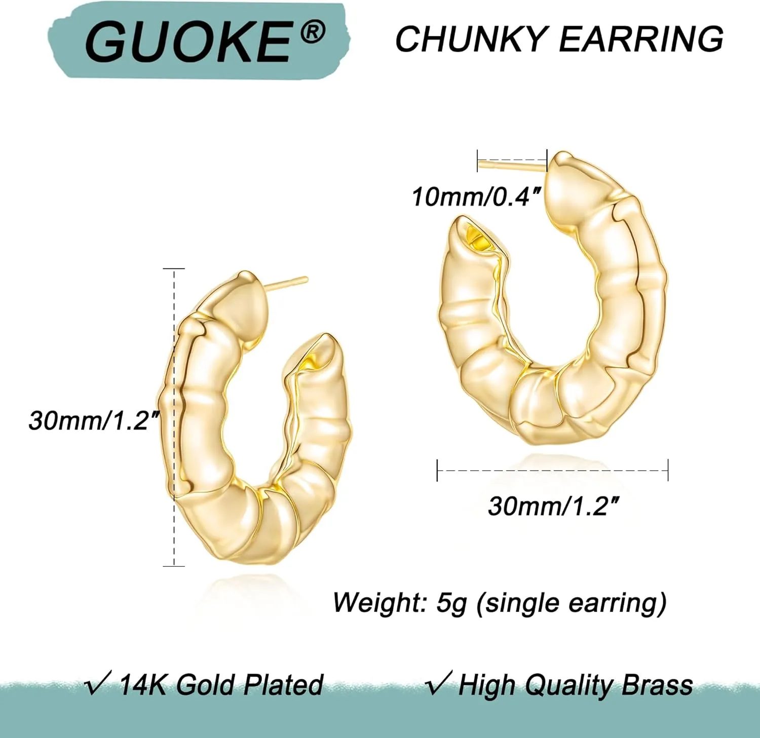 Chunky Gold Earrings for Women  14K Gold Plated Open Hoop Statement Earrings Lightweight Trendy Jewelry for Everyday Wear