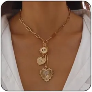 Chunky Gold Heart Necklace for Women Trendy Rhinestone Heart Devil's Eye Pendant Necklace Vintage Chunky Paperclip Chain Charm Tassels Necklace Halloween Birthday Party Jewelry