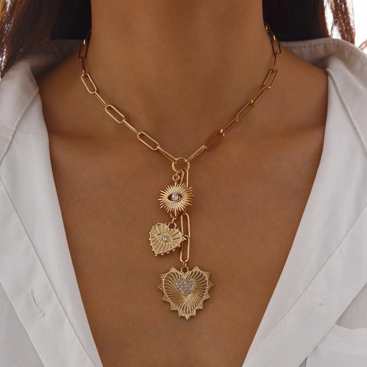 Chunky Gold Heart Necklace for Women Trendy Rhinestone Heart Devil's Eye Pendant Necklace Vintage Chunky Paperclip Chain Charm Tassels Necklace Halloween Birthday Party Jewelry