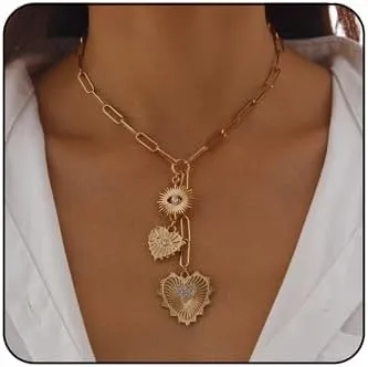 Chunky Gold Heart Necklace for Women Trendy Rhinestone Heart Devil's Eye Pendant Necklace Vintage Chunky Paperclip Chain Charm Tassels Necklace Halloween Birthday Party Jewelry