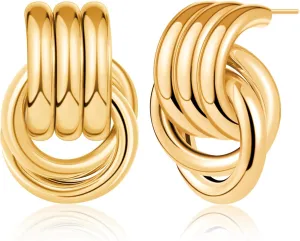 Chunky Gold Knot Earrings for Women, Statement Geometric Dangle Earrings, Trendy Gold Plated Earrings, Lightweight and Hypoallergenic