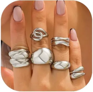 Chunky Silver Ring Gold Plated Chunky Rings Unique Design Irregular Open Twist Waterdrop Drip Ring Band Stackable Statement Jewelry Set for Women