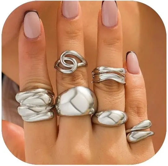 Chunky Silver Ring Gold Plated Chunky Rings Unique Design Irregular Open Twist Waterdrop Drip Ring Band Stackable Statement Jewelry Set for Women