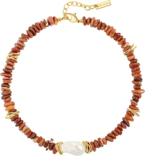 Chunky Statement Stone Beaded Necklace, Big Baroque Pearl Gold Choker, Trendy Boho Colorful Stone Jewelry