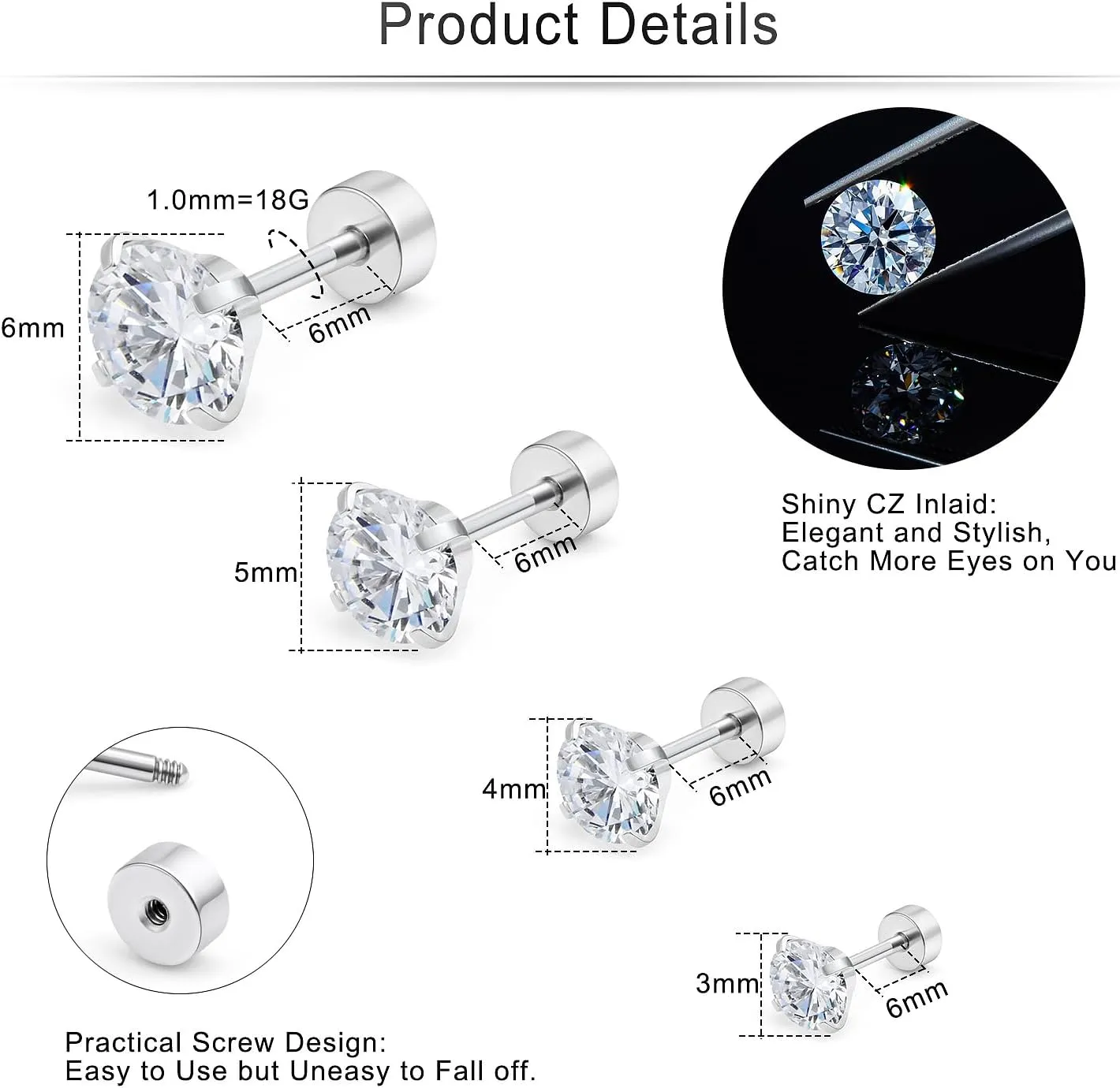 Cisyozi 20G 18G Hypoallergenic Flat Back Earrings Studs for Women Men 316L Surgical Steel Screw Back Studs Earrings Cartilage Earlobe Earrings Piercings CZ Size 2mm 3mm 4mm 5mm 6mm 7mm 8mm