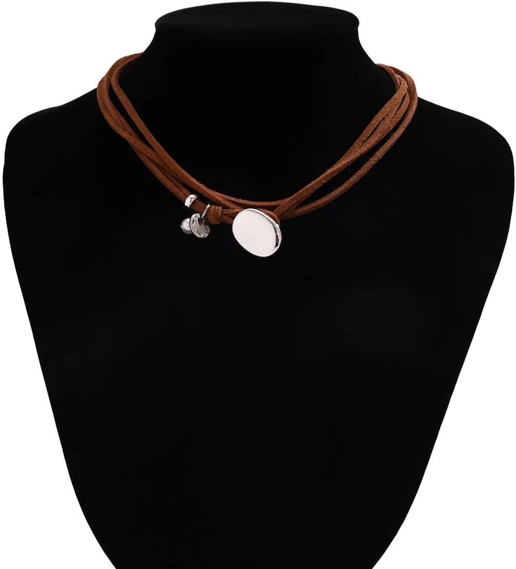 CJIAYUJEW Boho Choker Necklace for Women Brown Suede Choker Necklaces Trendy Boho Layered Leather Necklace Western Turquoise