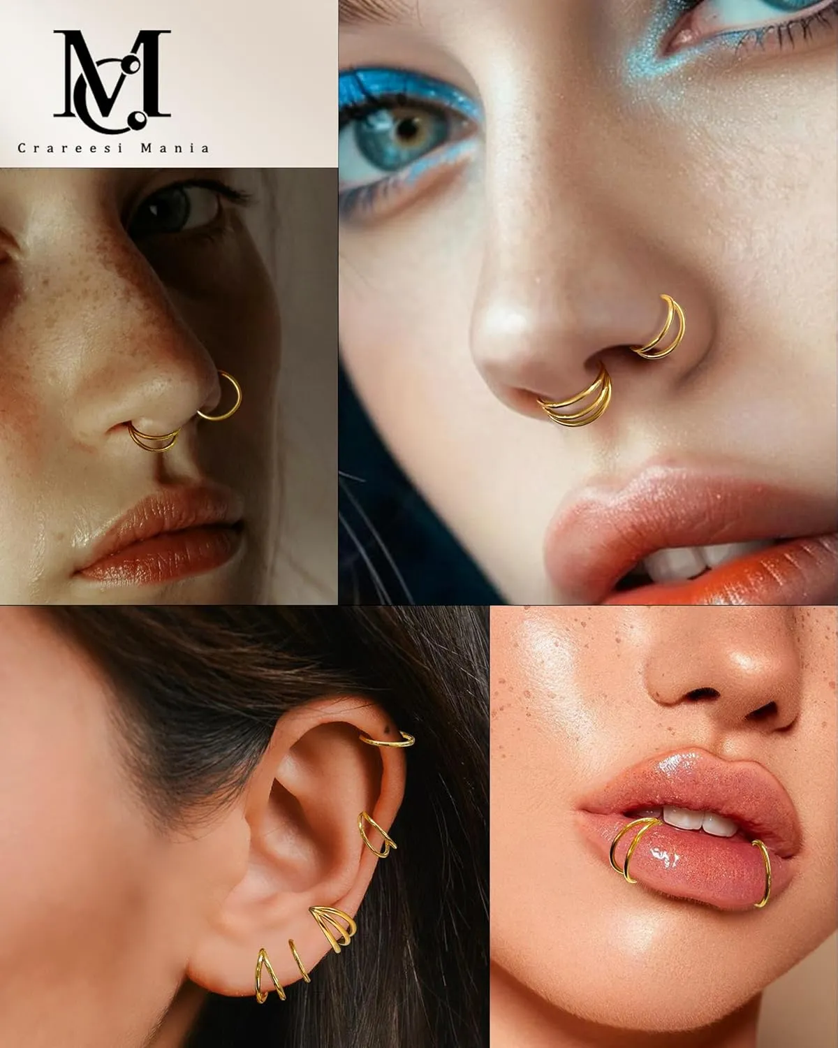 CM Crareesi Mania Triple/Double Hoop Nose Ring - 3Pcs Septum Rings Clicker 316L Stainless Steel Conch Piercing Jewelry Cartilage Earring Helix Rook Tragus