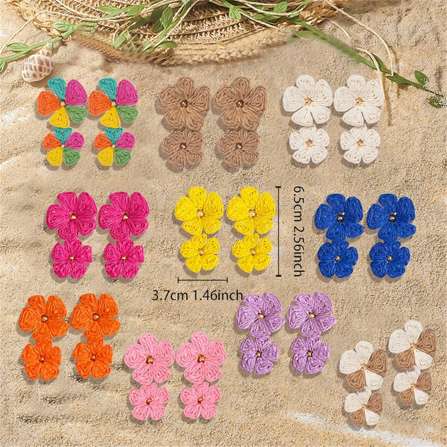 coadipress Raffia Flower Earrings for Women Handmade Rattan Straw Wrapped Flower Drop Fringe Earrings Double Layered Boho Statement Floral Earring Summer Beach Tropical Jewelry
