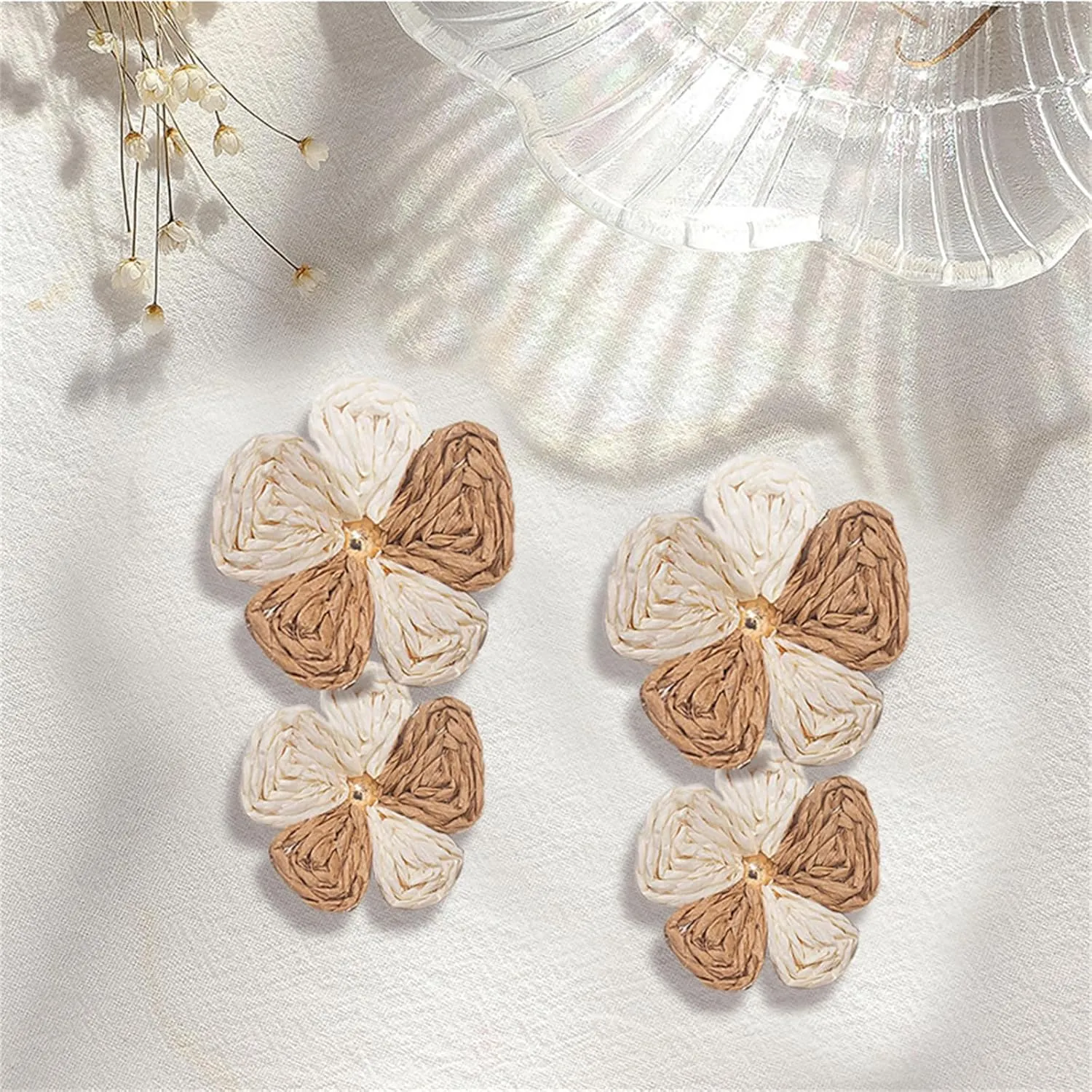 coadipress Raffia Flower Earrings for Women Handmade Rattan Straw Wrapped Flower Drop Fringe Earrings Double Layered Boho Statement Floral Earring Summer Beach Tropical Jewelry