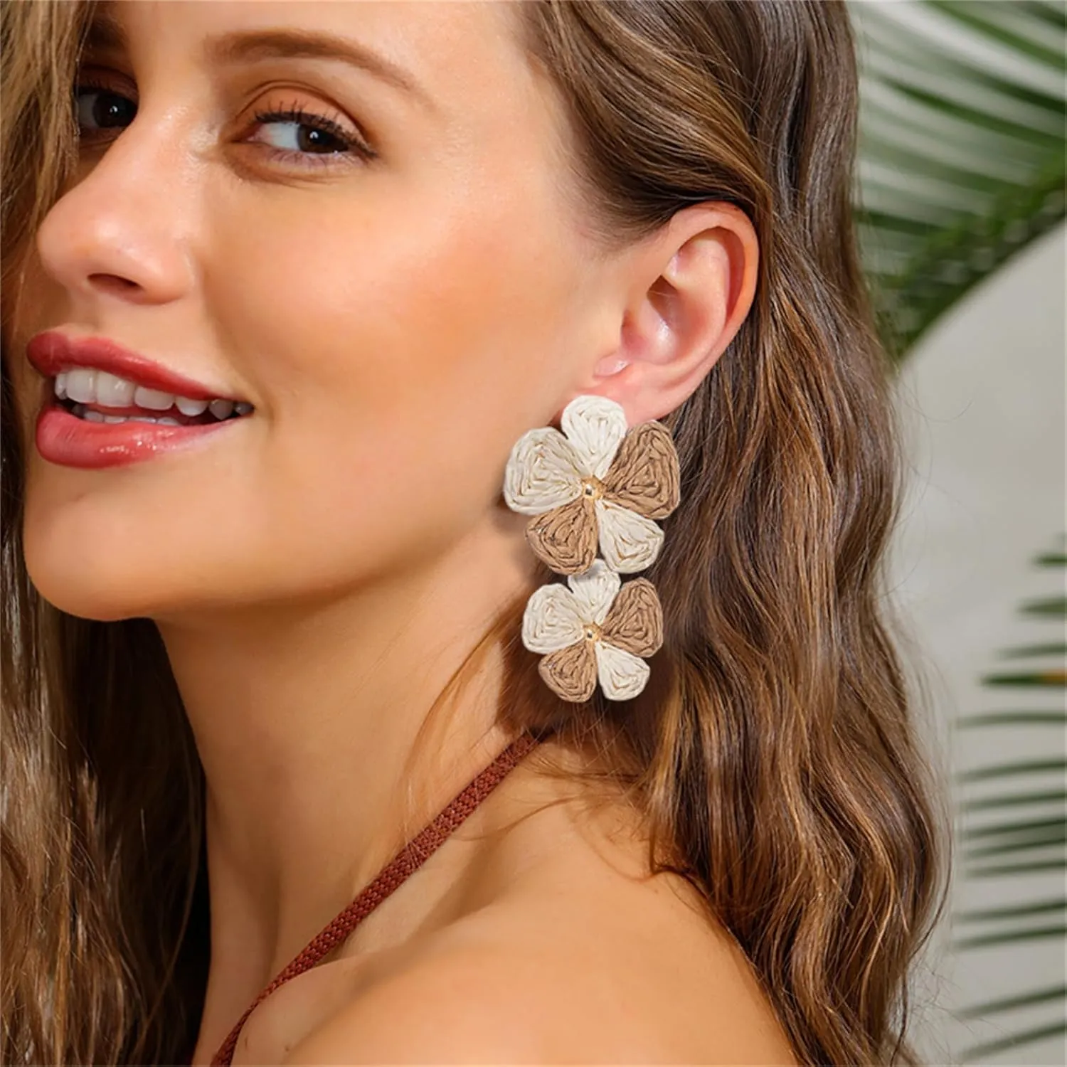 coadipress Raffia Flower Earrings for Women Handmade Rattan Straw Wrapped Flower Drop Fringe Earrings Double Layered Boho Statement Floral Earring Summer Beach Tropical Jewelry