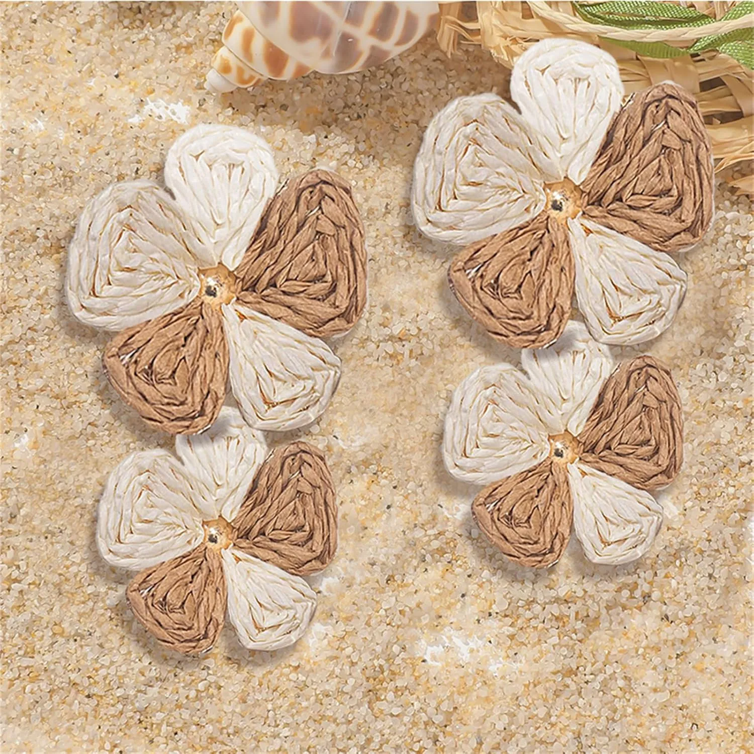 coadipress Raffia Flower Earrings for Women Handmade Rattan Straw Wrapped Flower Drop Fringe Earrings Double Layered Boho Statement Floral Earring Summer Beach Tropical Jewelry