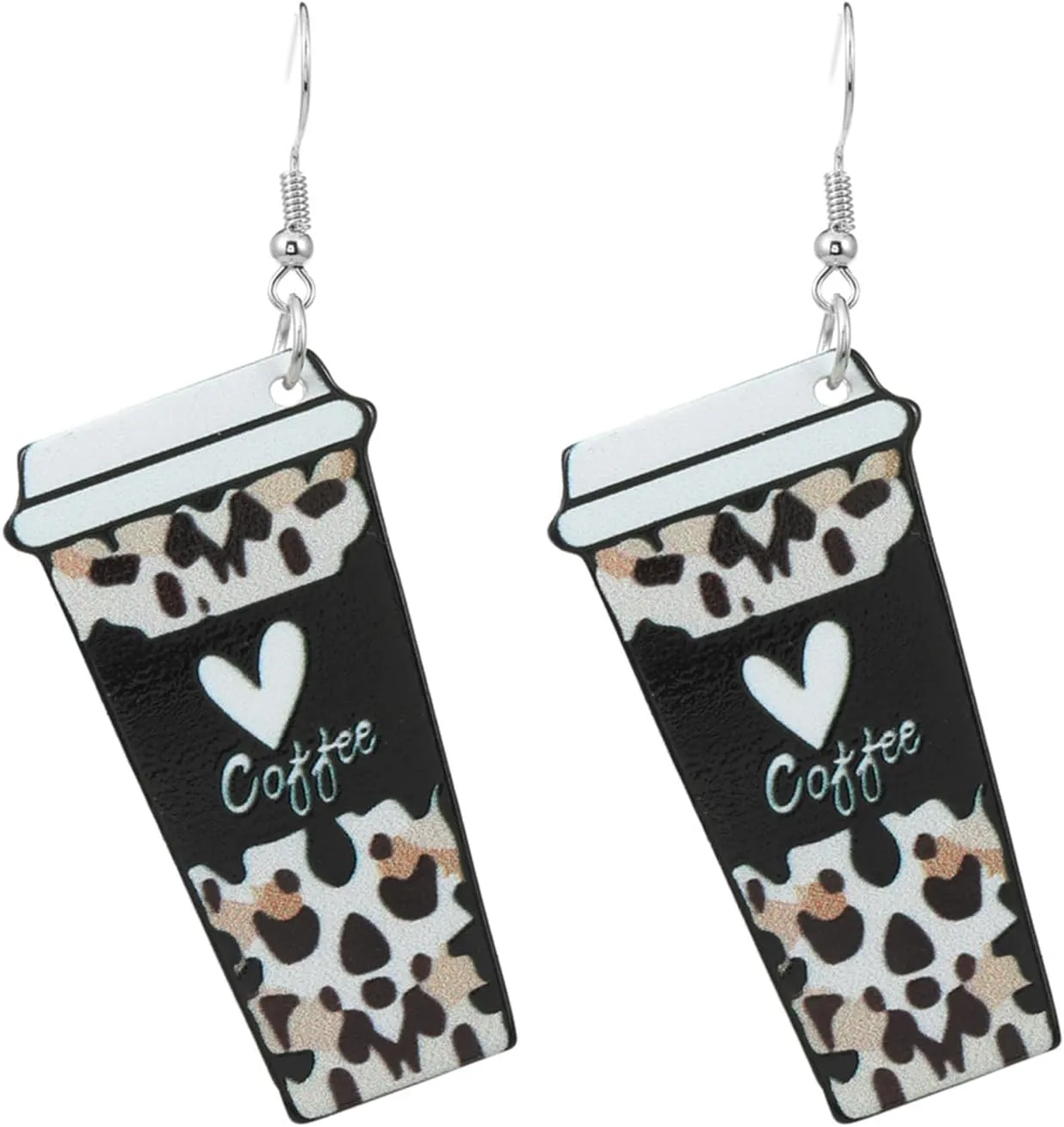 Coffee Cup Earrings Acrylic Funny Leopard Print Love Heart Cafe Drinks Lightweight Dangle Drop Earrings for Women Valentine's Day Coffee Lover Jewelry Gifts
