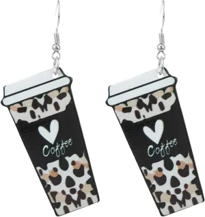 Coffee Cup Earrings Acrylic Funny Leopard Print Love Heart Cafe Drinks Lightweight Dangle Drop Earrings for Women Valentine's Day Coffee Lover Jewelry Gifts