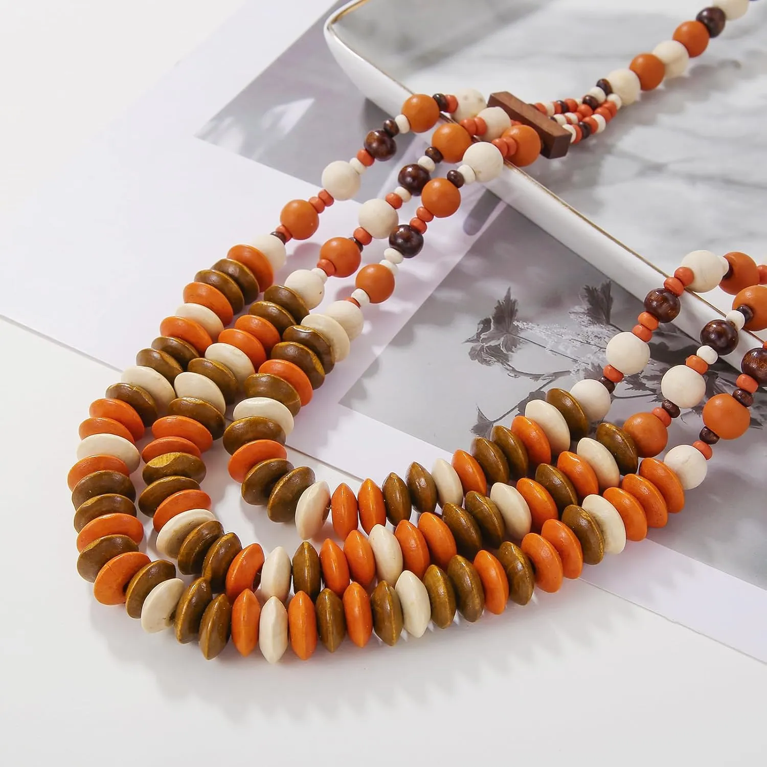 Coiris Layer Chunky Wood Beaded Necklace Exaggerated Statement Bead Collar Necklace Bib Necklaces