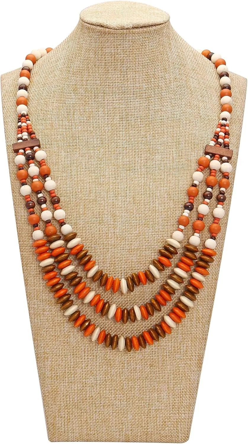 Coiris Layer Chunky Wood Beaded Necklace Exaggerated Statement Bead Collar Necklace Bib Necklaces