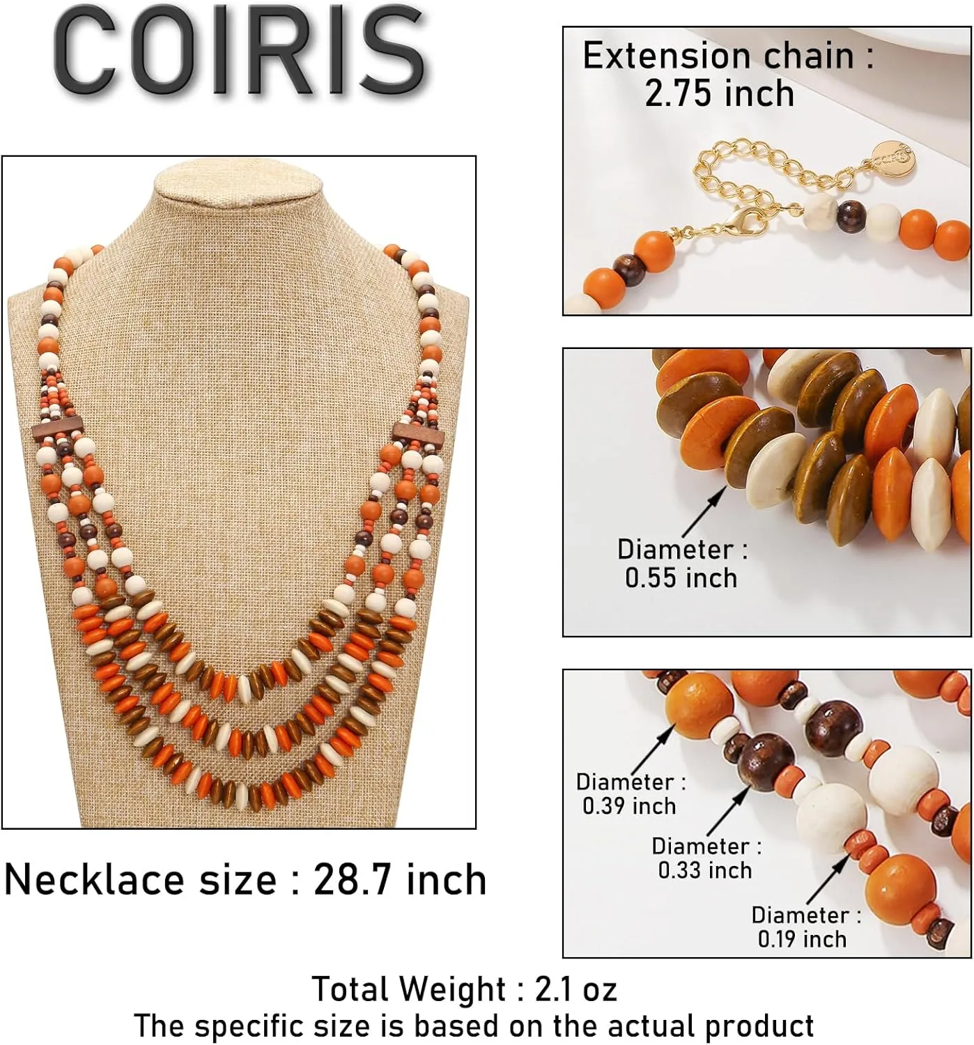Coiris Layer Chunky Wood Beaded Necklace Exaggerated Statement Bead Collar Necklace Bib Necklaces