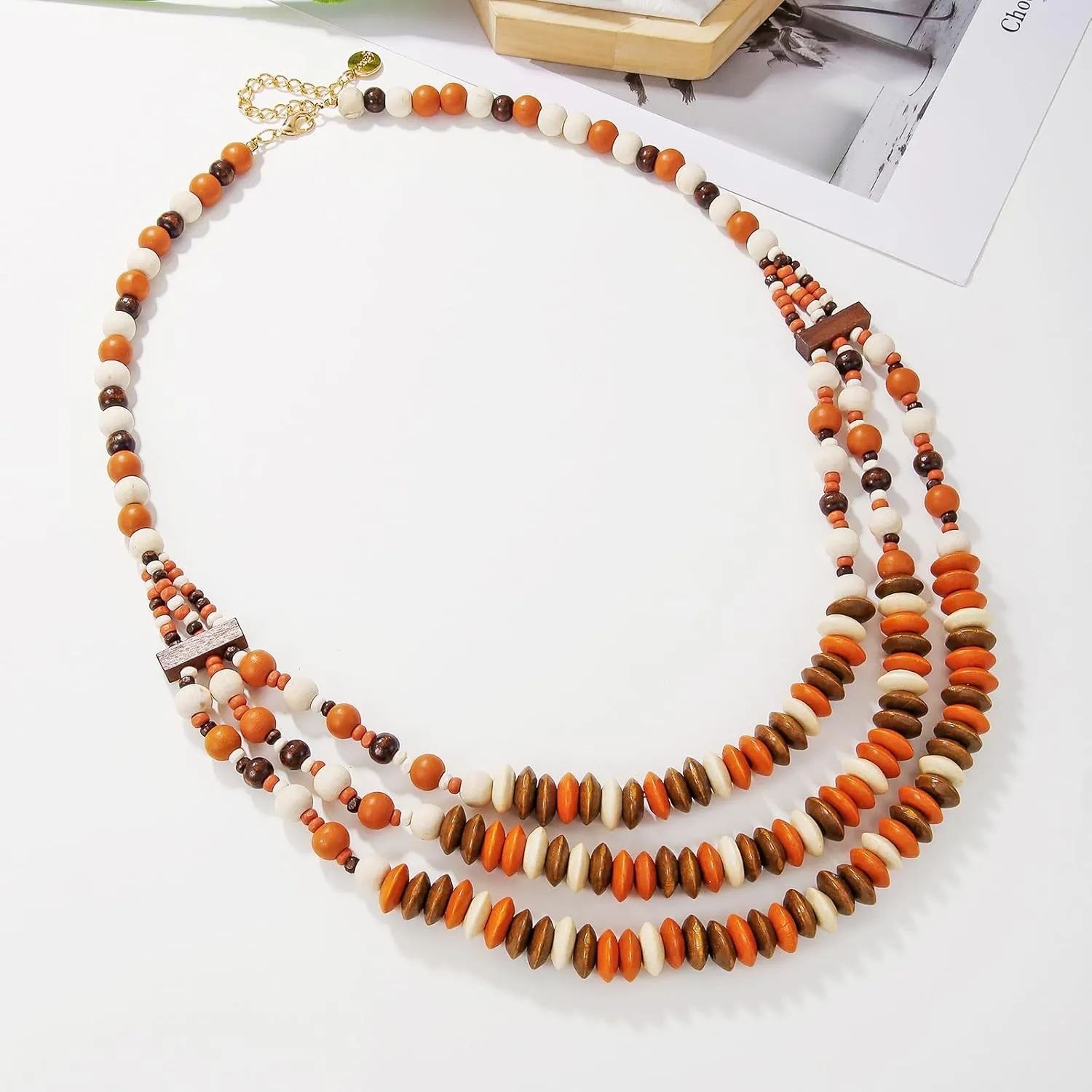 Coiris Layer Chunky Wood Beaded Necklace Exaggerated Statement Bead Collar Necklace Bib Necklaces