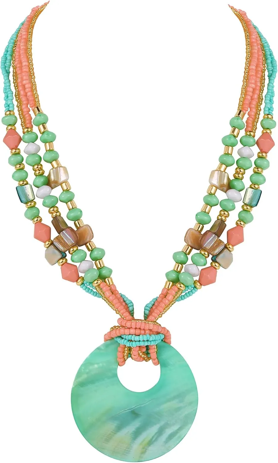 Coiris Shell Pendant Statement Strand Necklace for Women Boho Multi Beads Natural Stone Colorful Necklace Bohemian Handmade Chunky Shell Beaded Collar Jewelry for Women