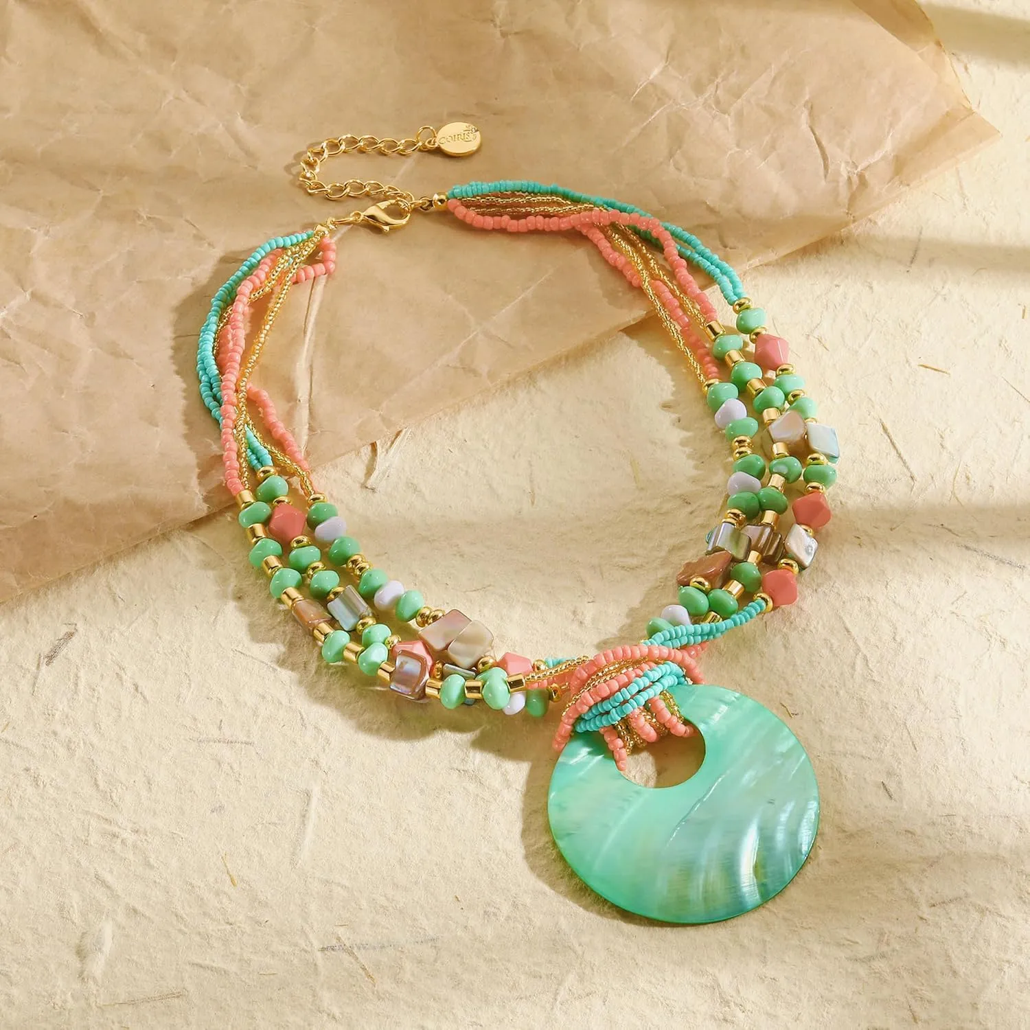 Coiris Shell Pendant Statement Strand Necklace for Women Boho Multi Beads Natural Stone Colorful Necklace Bohemian Handmade Chunky Shell Beaded Collar Jewelry for Women