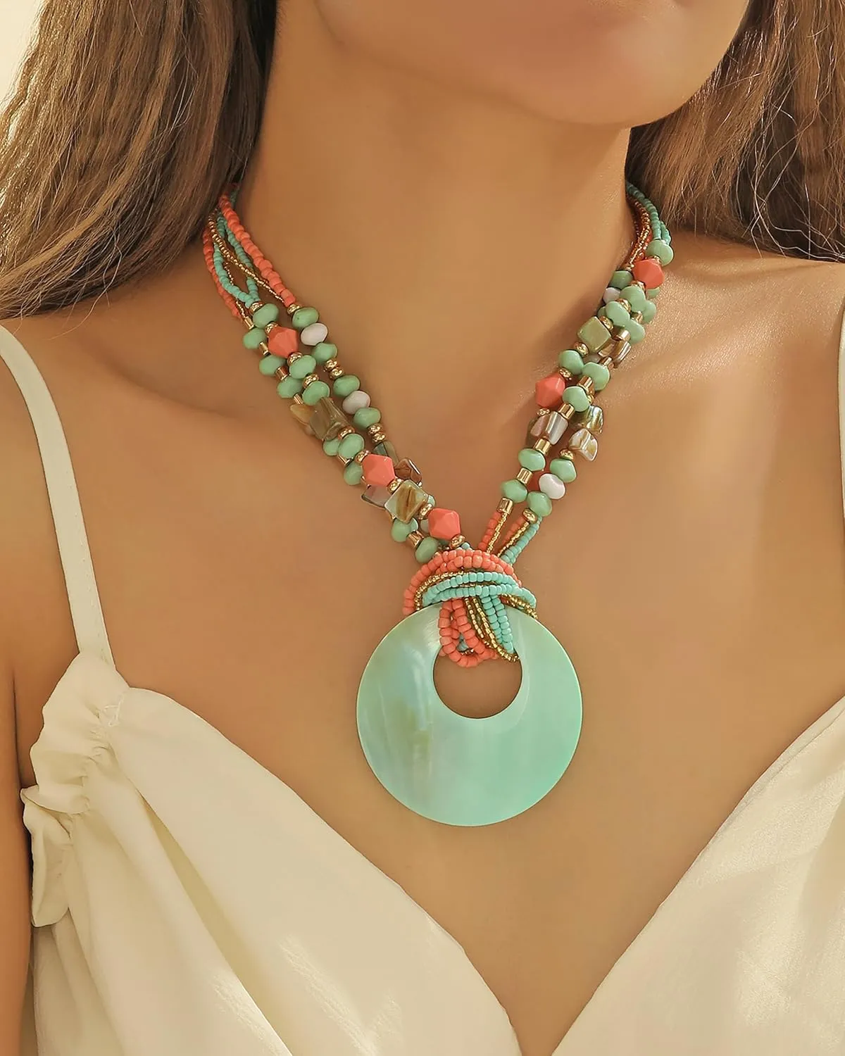 Coiris Shell Pendant Statement Strand Necklace for Women Boho Multi Beads Natural Stone Colorful Necklace Bohemian Handmade Chunky Shell Beaded Collar Jewelry for Women