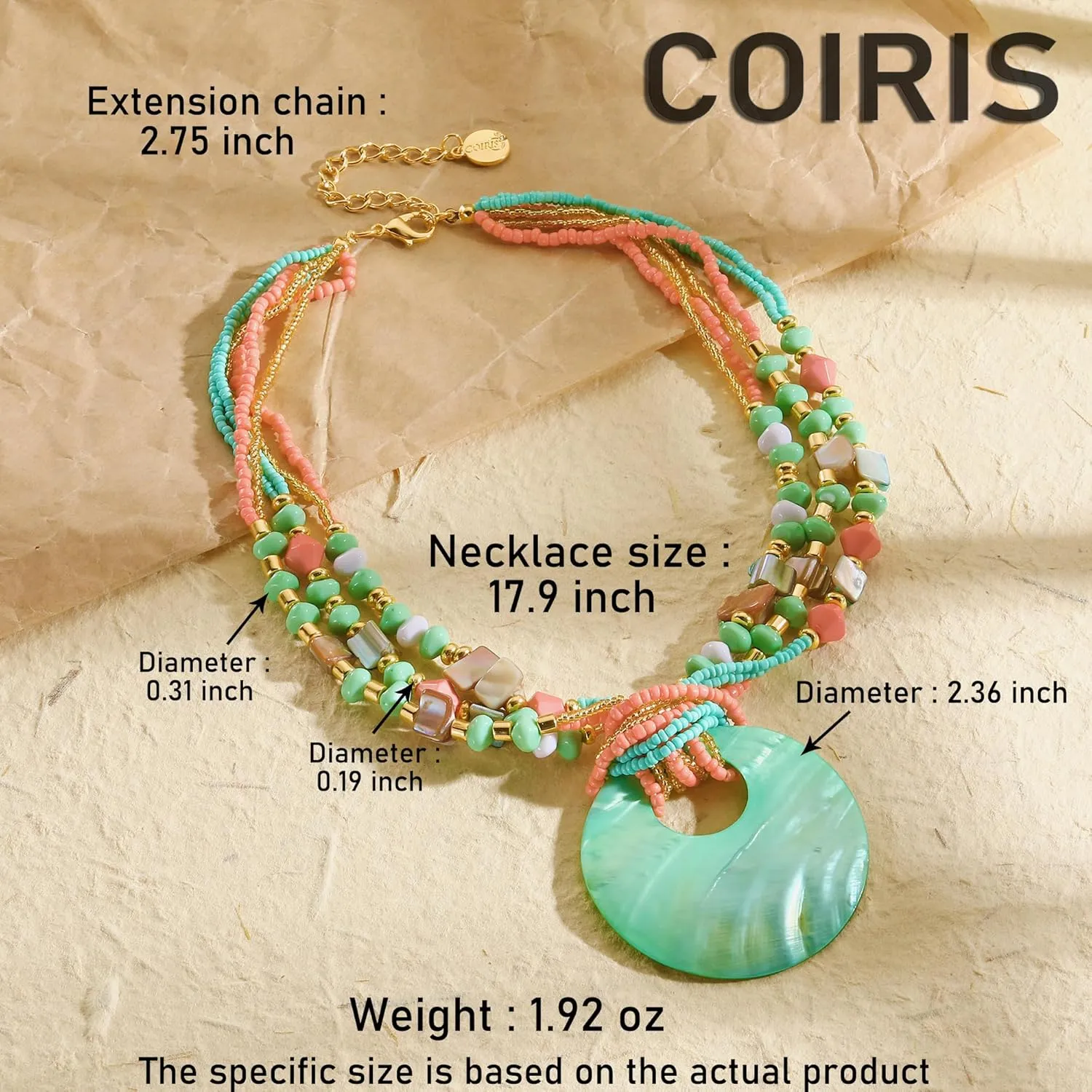 Coiris Shell Pendant Statement Strand Necklace for Women Boho Multi Beads Natural Stone Colorful Necklace Bohemian Handmade Chunky Shell Beaded Collar Jewelry for Women