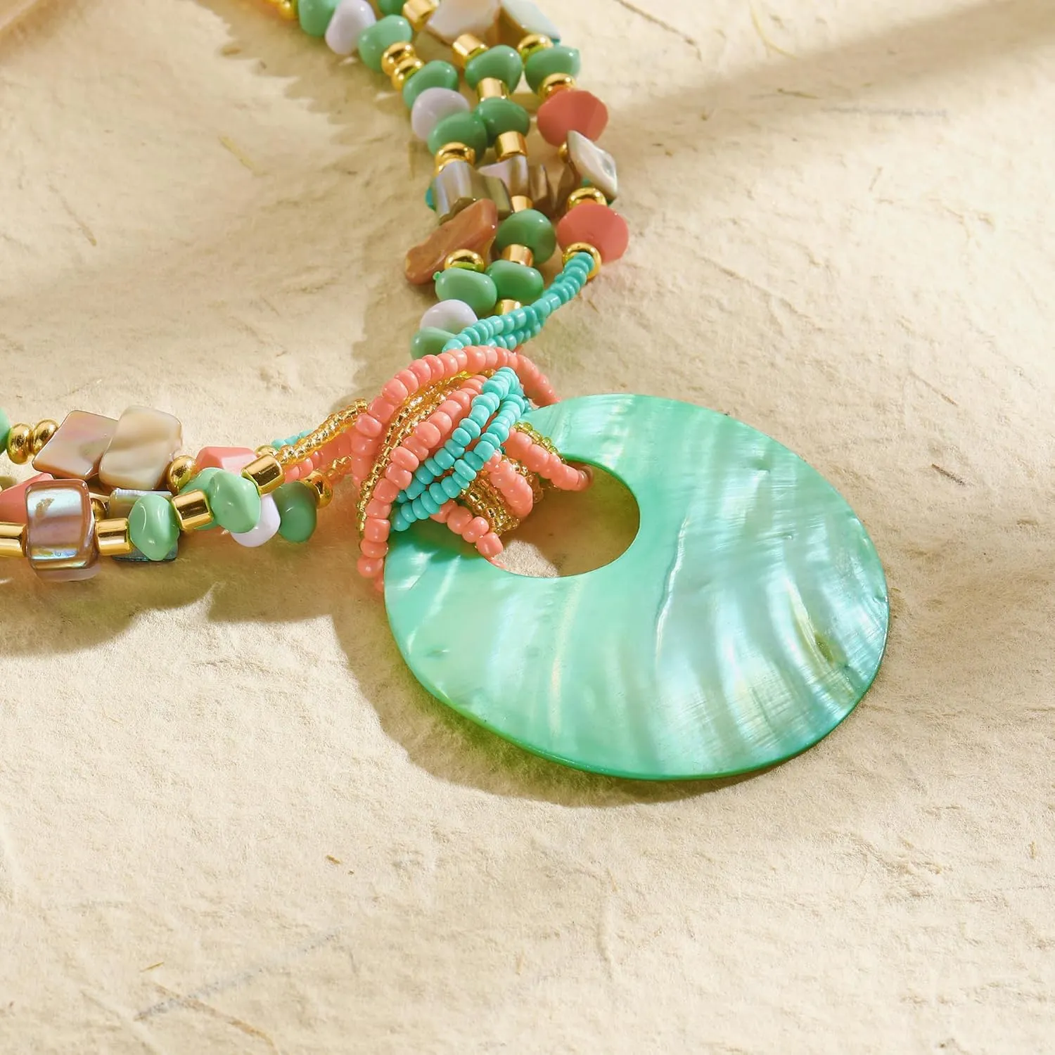 Coiris Shell Pendant Statement Strand Necklace for Women Boho Multi Beads Natural Stone Colorful Necklace Bohemian Handmade Chunky Shell Beaded Collar Jewelry for Women
