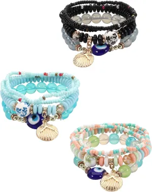 COLORFUL BLING Bohemian Women Multilayer Stretch Bead Evil Eye Bracelet Beach Shell Stackable Lucky Protection Bracelet Beaded Strand Bangle Boho Beach Jewelry