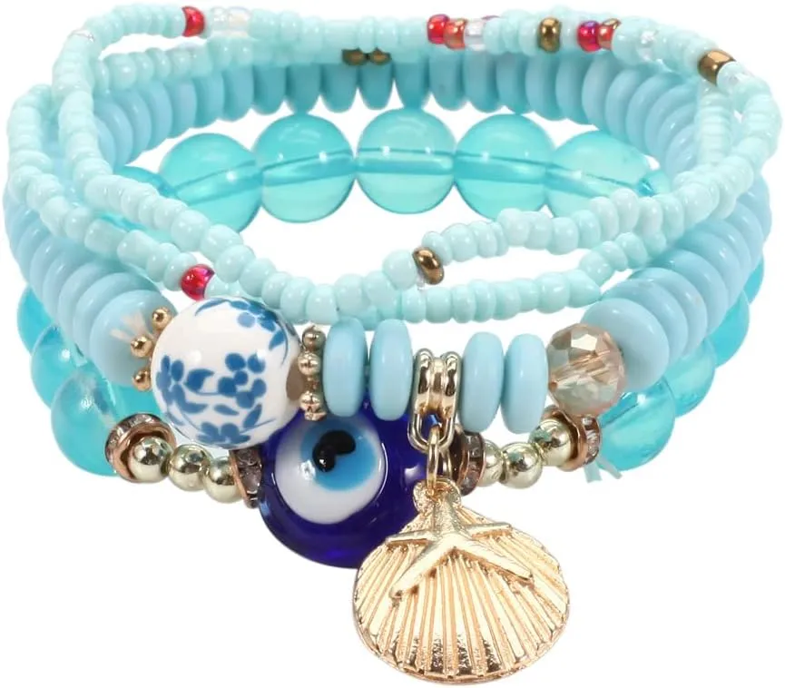 COLORFUL BLING Bohemian Women Multilayer Stretch Bead Evil Eye Bracelet Beach Shell Stackable Lucky Protection Bracelet Beaded Strand Bangle Boho Beach Jewelry