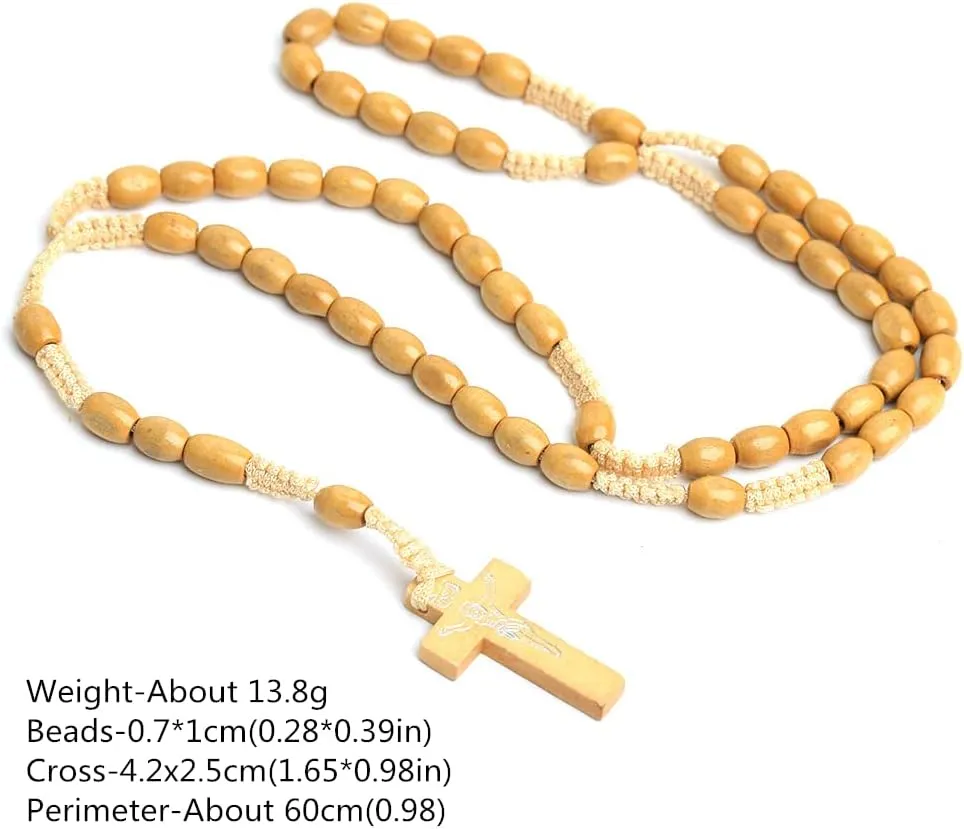 COLORFUL BLING Natural Wood Beads Cross Pendant Necklace Religious Rosary Jewelry Handmade Prayer Accessories Protection Good Luck Gifts for Women Men