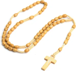 COLORFUL BLING Natural Wood Beads Cross Pendant Necklace Religious Rosary Jewelry Handmade Prayer Accessories Protection Good Luck Gifts for Women Men