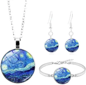 COLORFUL BLING Van Gogh Starry Night Sky Sunflower Earrings Bangle Bracelet Pendant Necklace Set Artistic Painting Dangle Earrings Stainless Steel Art Jewelry Set for Women Girls Teens