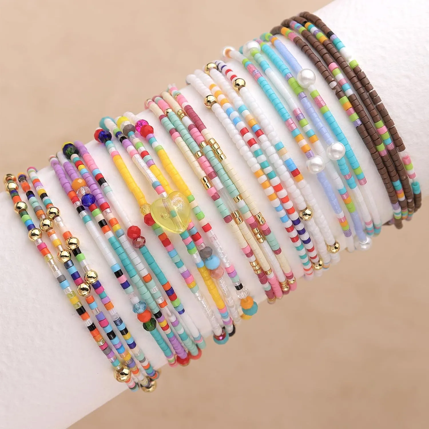 Colorful Seed Beaded Pearl Stackable Stretch Bracelets for Women, Dainty Boho Handmade Beads Layered Bracelet Summer Beach Jewelry Gift